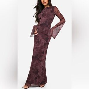 BOOHOO Dark Floral Print Mesh Scoop Back Maxi Dress